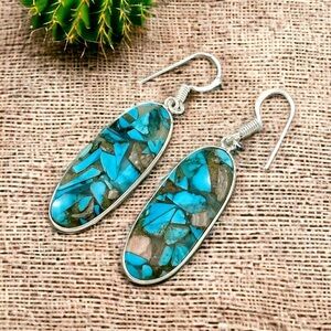 Turquoise Copper Silver 925 Handmade Statement Drop Earrings